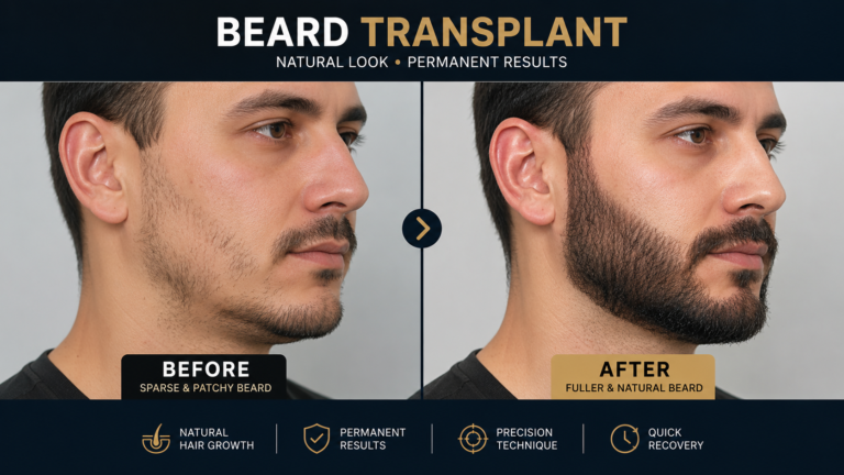 BEARD TRANSPLANT BEFORE AND AFTER results showing a dramatic beard restoration transformation with fuller, denser facial hair growth after FUE beard transplant treatment in Turkey. The before image shows patchy and uneven beard growth, while the after image displays a sharp, masculine, natural-looking beard line with high-density graft implantation performed by an experienced beard transplant clinic.