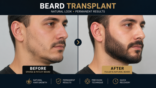 BEARD TRANSPLANT BEFORE AND AFTER results showing a dramatic beard restoration transformation with fuller, denser facial hair growth after FUE beard transplant treatment in Turkey. The before image shows patchy and uneven beard growth, while the after image displays a sharp, masculine, natural-looking beard line with high-density graft implantation performed by an experienced beard transplant clinic.