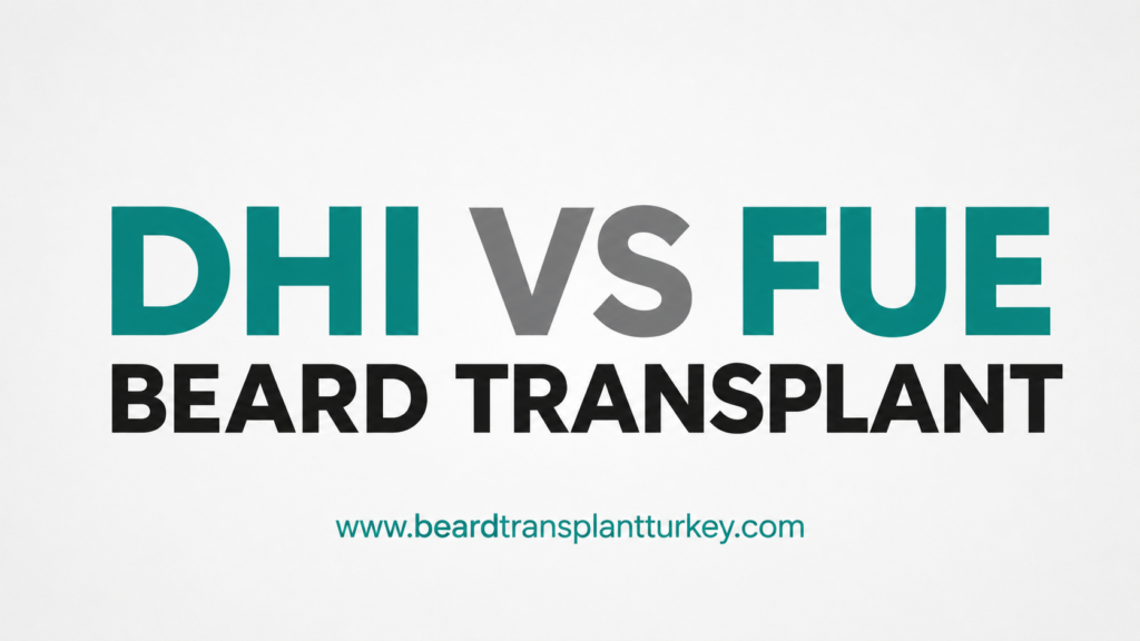 DHI VS FUE BEARD TRANSPLANT comparison graphic explaining advanced beard transplant techniques for natural beard growth and permanent facial hair restoration in Turkey