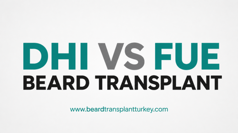 DHI VS FUE BEARD TRANSPLANT comparison graphic explaining advanced beard transplant techniques for natural beard growth and permanent facial hair restoration in Turkey