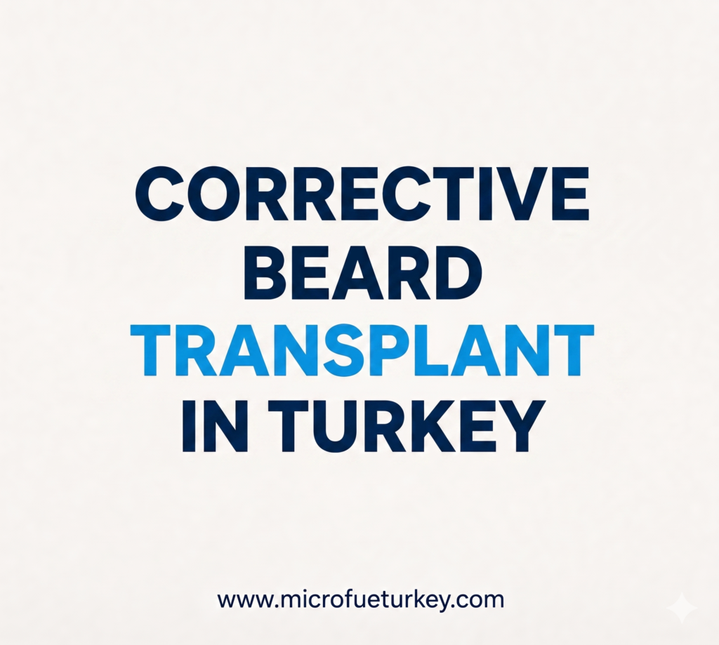 Corrective beard transplant procedure in Turkey showing natural beard reconstruction, density correction, and refined facial hair design performed with advanced Sapphire FUE techniques at Micro FUE Turkey.