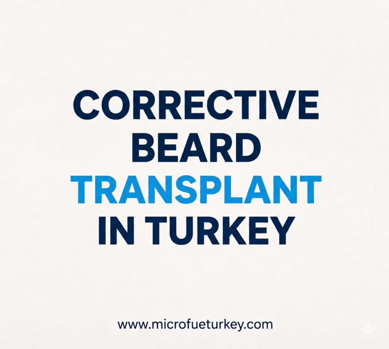 Corrective beard transplant procedure in Turkey showing natural beard reconstruction, density correction, and refined facial hair design performed with advanced Sapphire FUE techniques at Micro FUE Turkey.