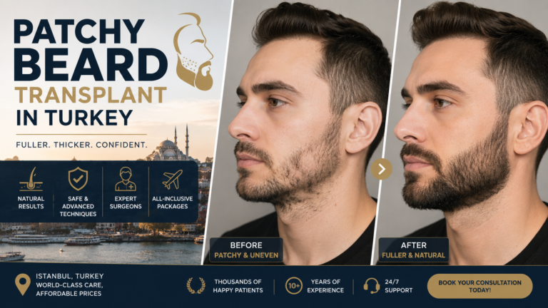 PATCHY BEARD TRANSPLANT IN TURKEY before and after beard restoration results showing improved density, natural beard line, and fuller facial hair performed by experienced hair transplant specialists in Turkey.