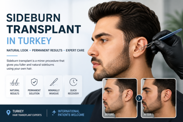 SIDEBURN TRANSPLANT IN TURKEY side profile male patient with natural sideburn restoration using Sapphire FUE and DHI hair transplant techniques in a modern Turkish hair transplant clinic SIDEBURN TRANSPLANT IN TURKEY