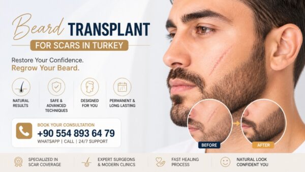 BEARD TRANSPLANT FOR SCARS IN TURKEY premium medical banner showing a man with a facial scar before and after beard transplant treatment, natural beard restoration, scar camouflage with FUE beard transplant, expert clinic in Turkey, contact +90 554 893 64 79.