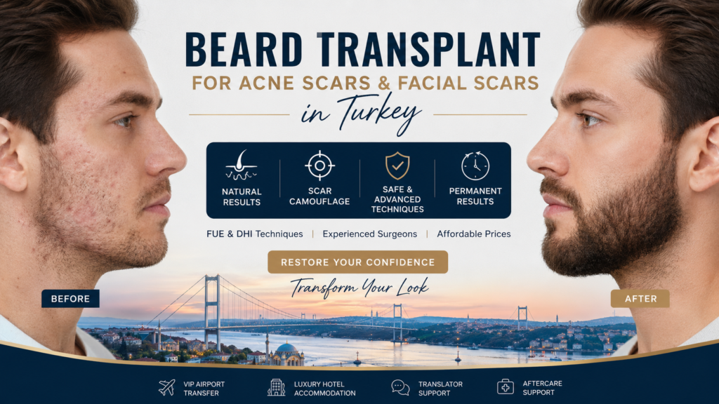 Beard Transplant for Acne Scars and Facial Scars in Turkey showing natural beard restoration treatment designed to cover acne scars, facial scars, and patchy beard areas with dense and realistic beard transplantation results.