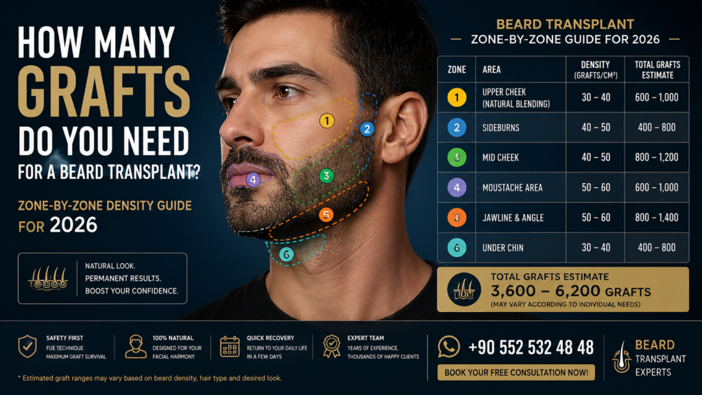 HOW MANY GRAFTS DO YOU NEED FOR A BEARD TRANSPLANT? Detailed 2026 zone-by-zone beard transplant graft density guide showing the number of grafts required for the cheeks, sideburns, moustache, jawline, and chin, with estimated graft ranges, natural beard design, and Micro FUE beard transplant planning in Turkey.